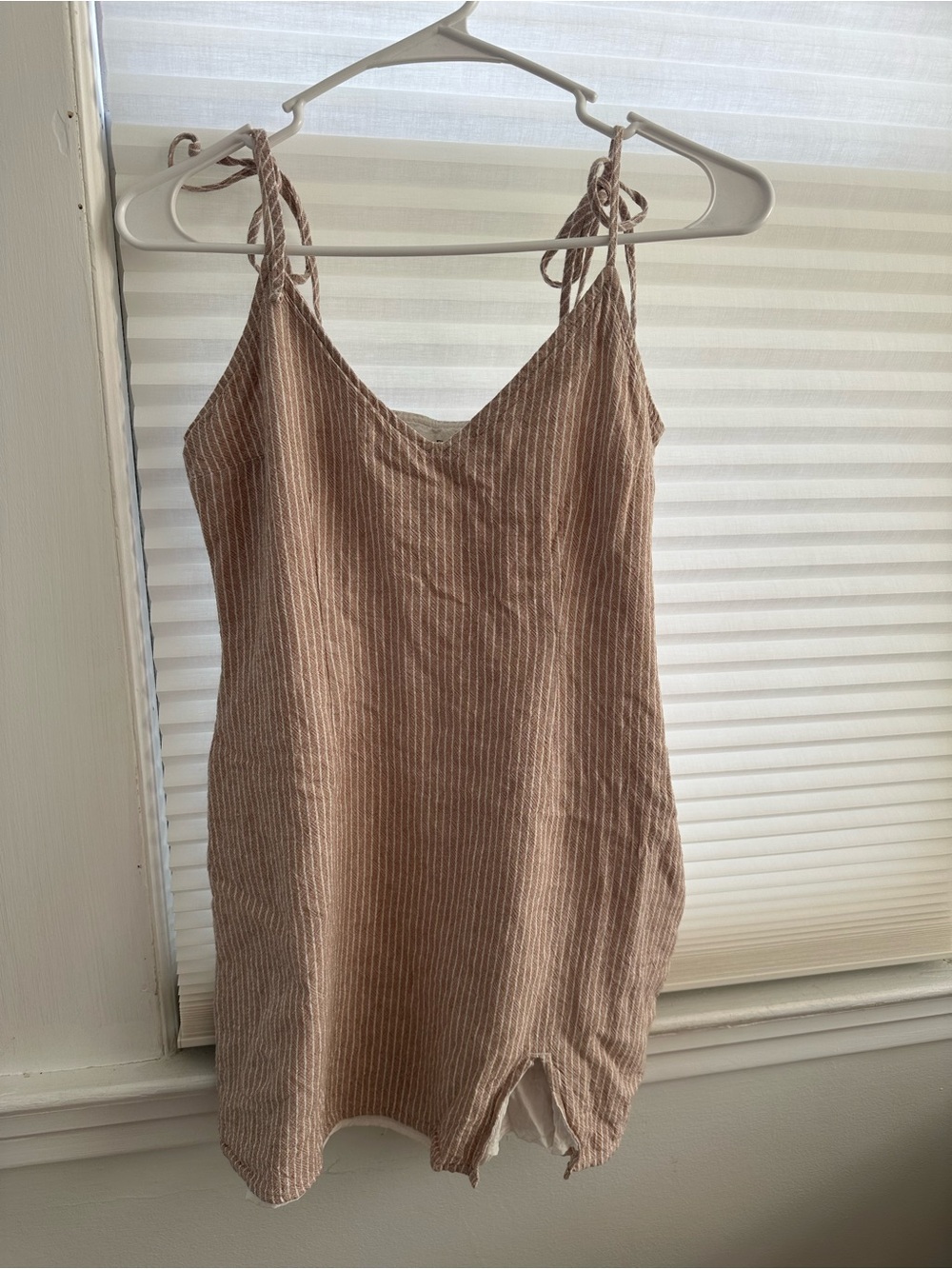 Abercrombie & Fitch Beige Striped Tie-Shoulder Mini Slip Dress